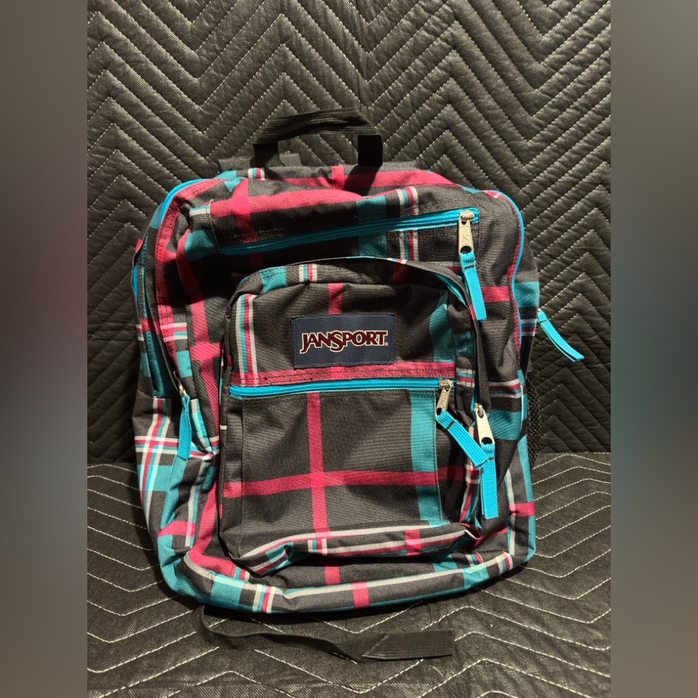 Jansport Black and Teal Plaid Backpack